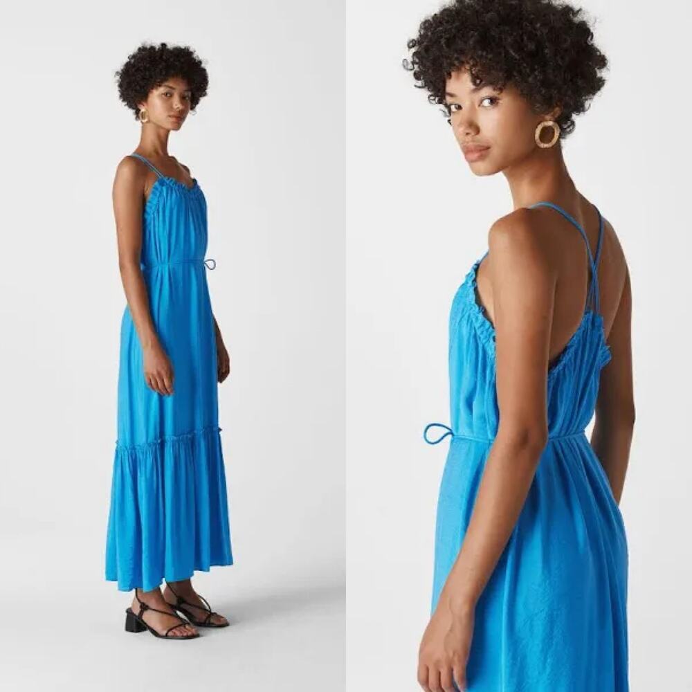 Whistles Salina Maxi Dress in Blue Relaxed Fit Tie Waist Tiered Us Size 4